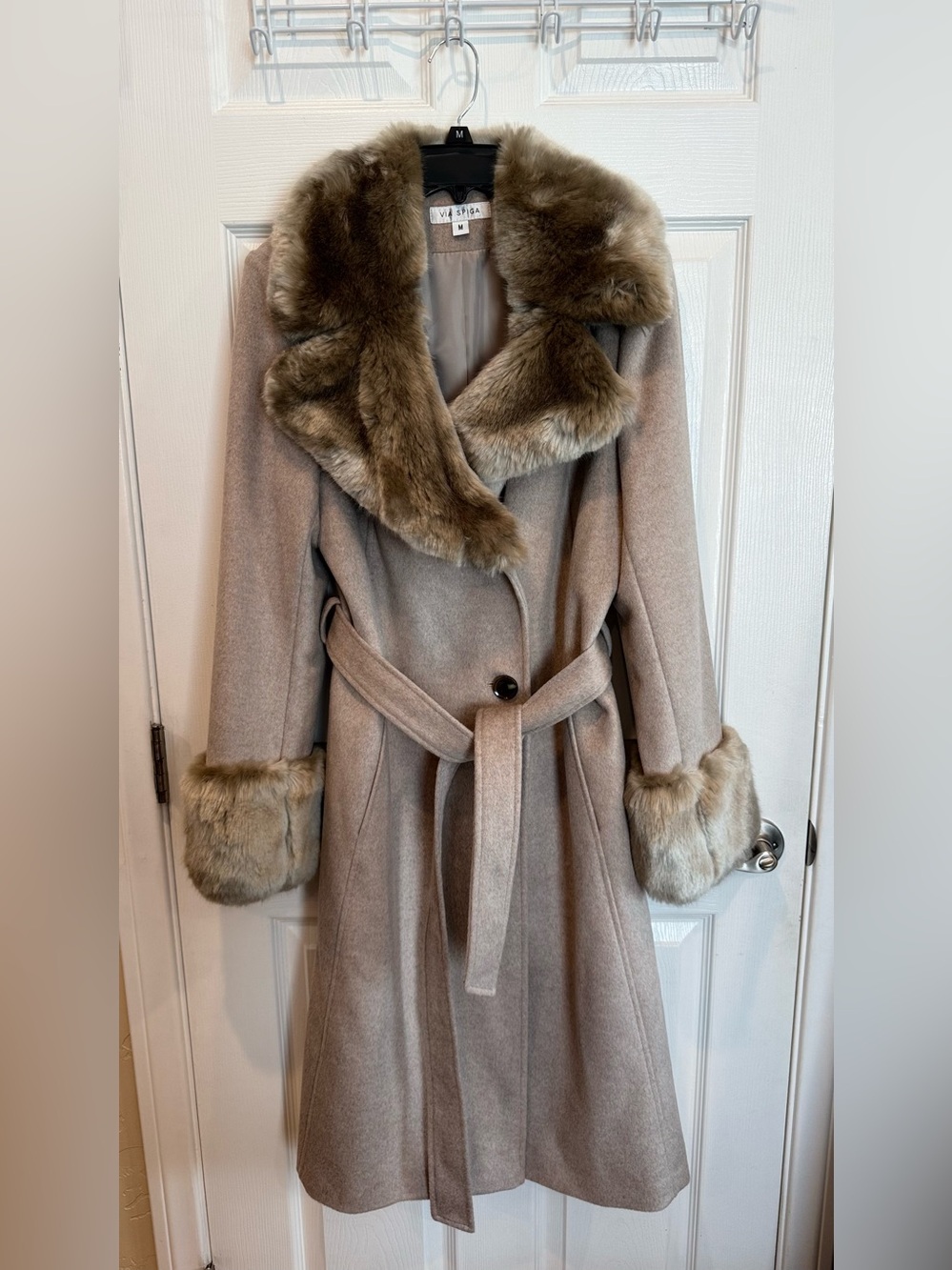 Via Spiga Taupe Wool-Blend Trench Coat with Faux-Fur Trim